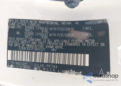 2015 Toyota Sienna Se 8 Passenger z USA, uszkodzony, nr VIN 5TDXK3DC7FS642221